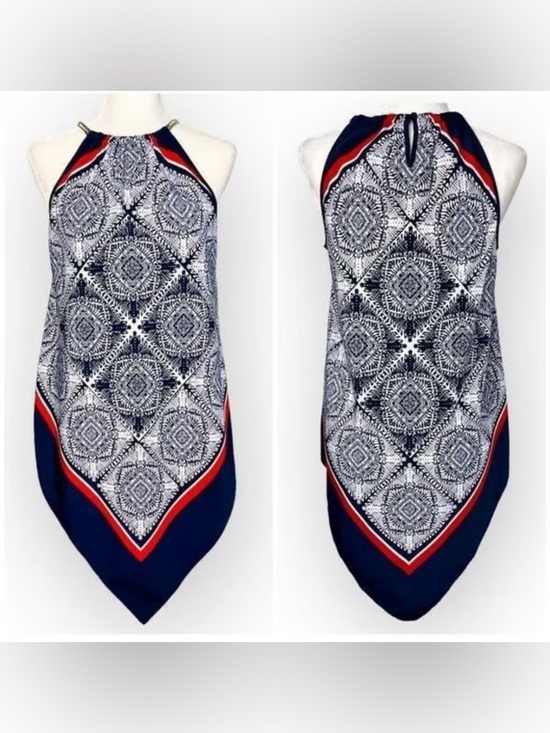 Alfani 2XL Handkerchief Halter Top Navy Red White Print Flowy Plus Size - Picture 2 of 4